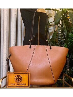 Tory Burch Leather Brown Shoulder Tote Bag with Spaghetti Straps